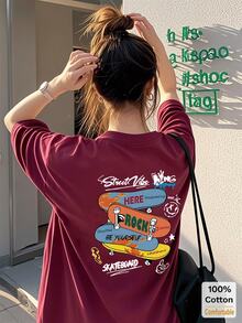 Áo thun tay ngắn dáng lửng in hình ván trượt kiểu Anh, áo phông đồ họa dễ thương và thời trang dành cho nữ, thích hợp mặc thường ngày vào mùa hè. - Màu Đỏ Sâu - Xem 1