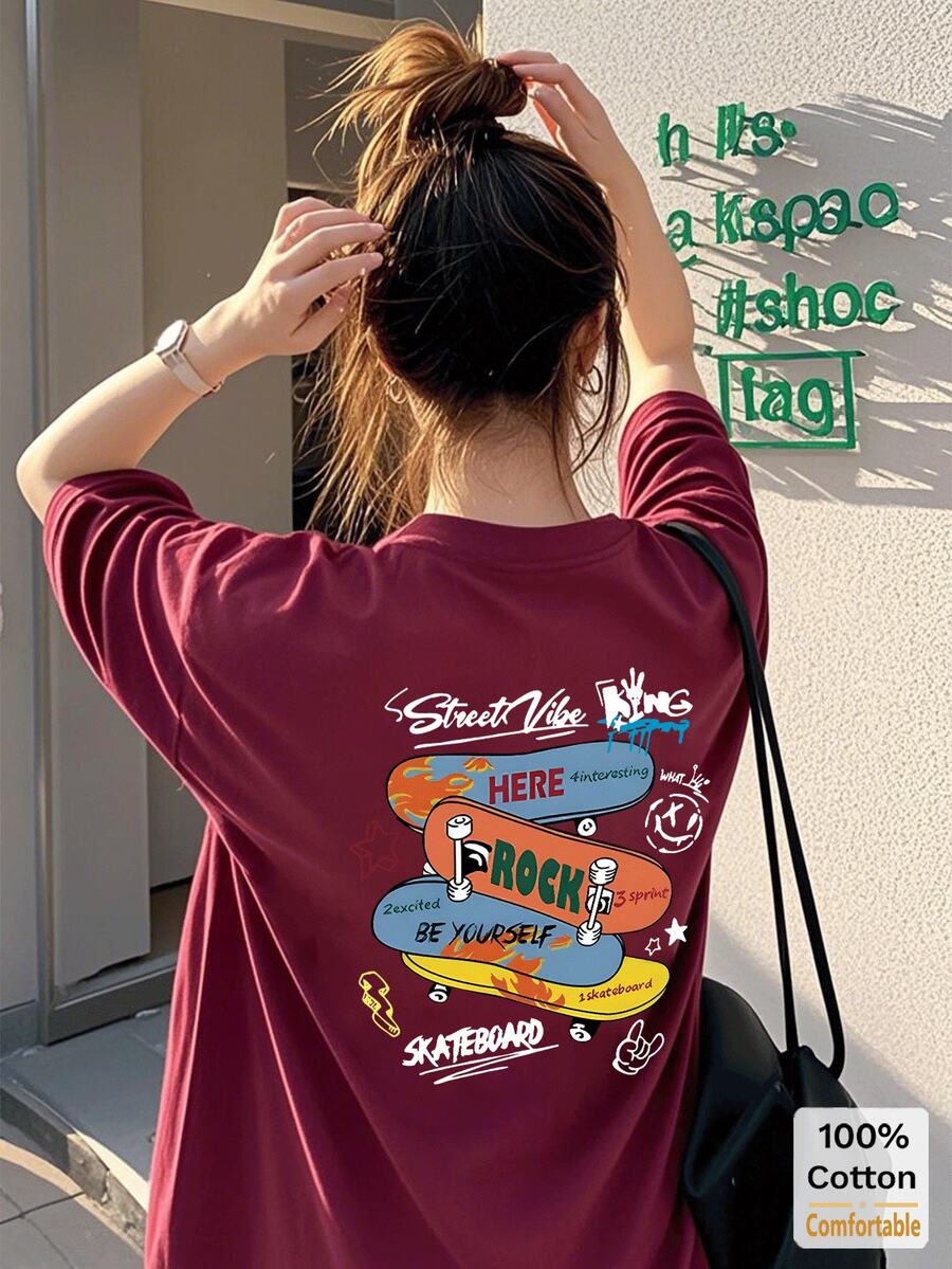 Áo thun tay ngắn dáng lửng in hình ván trượt kiểu Anh, áo phông đồ họa dễ thương và thời trang dành cho nữ, thích hợp mặc thường ngày vào mùa hè. - Màu Đỏ Sâu - Xem 1