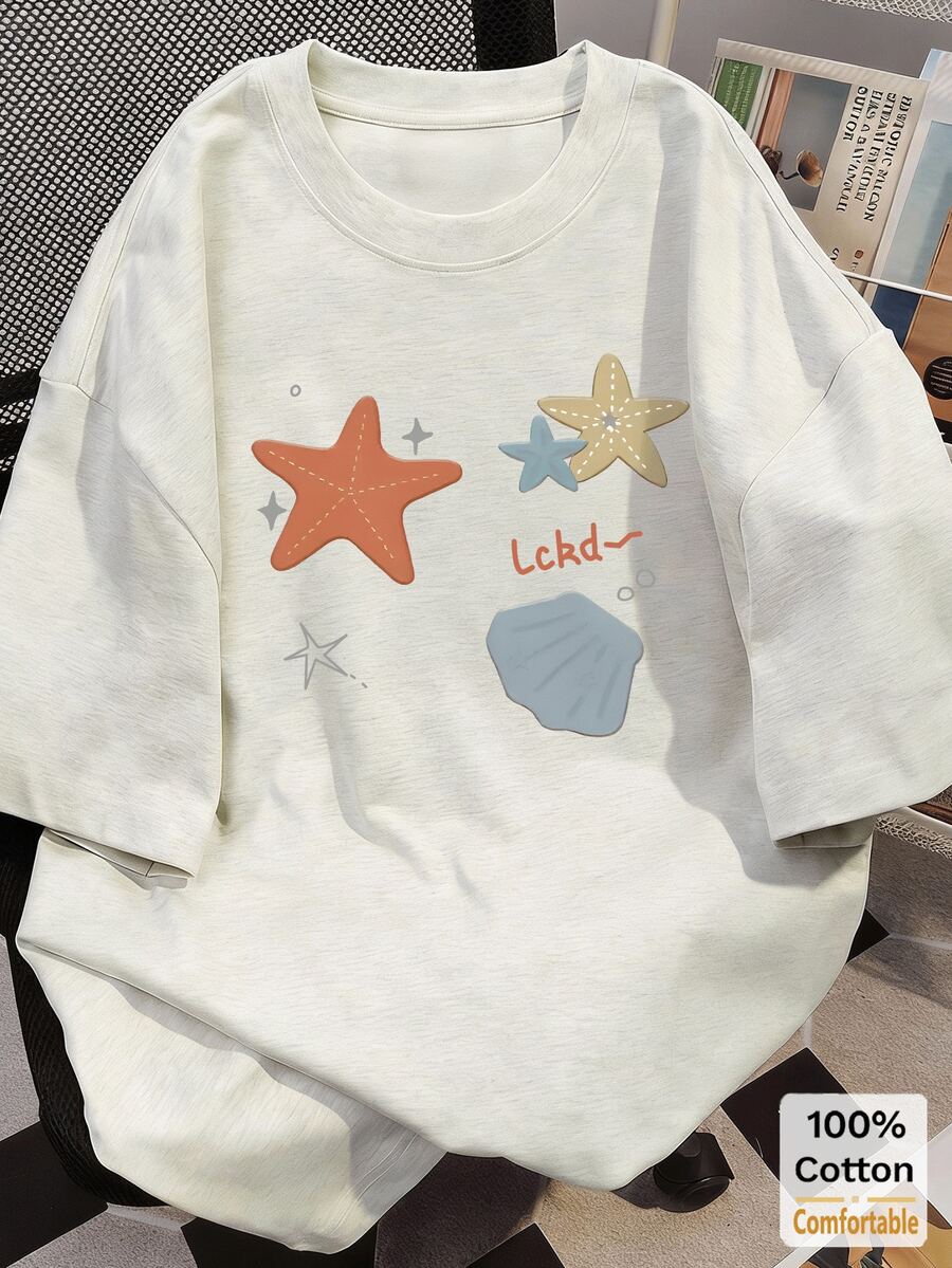 Gray Star & Shell Print Short Sleeve Mid-Length T-Shirt, Fashionable Printed Casual Top Summer - Gray - View 1