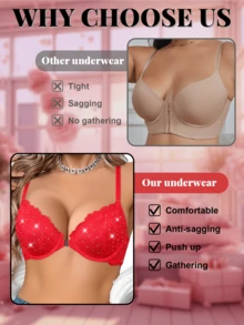 红色蕾丝前扣式聚拢文胸 - 舒适提拉，镶钻装饰，方便穿脱 - 紅色 - 查看 10