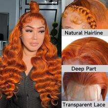 36 Inch Ginger Orange Lace Front Wigs Human Hair 250% Density Body Wave Wavy 13x6 HD Lace Front Glueless Ginger Wig Human Hair HD Transparent Lace Frontal Wigs Pre Plucked Hairline Brazilian Virgin Human Hair Pre-Plucked With Hair For Natural Look, Unisex For Women & Men, Daily & Party Wear - S350 - 查看 3