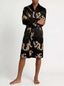 Snug League Men's Satin Long Sleeves And Golden Dragon Printed Sleepwear Robe, Suitable For All Seasons, For Fall, Winter - Black - View 4