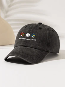 1pc Fashionable Minimalist Washed Baseball Cap With "But First, Volleyball" Graphic Print, Suitable As Gift For Family And Friends, High-Quality All Season - Baseball Cap - View 2