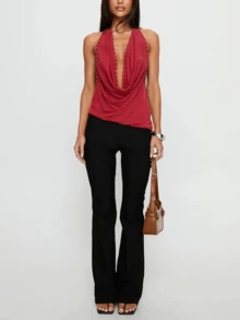 Womens Studded Halter Tank Tops Summer Fashionable Slim Fit Cowl Neck Backless Vest - Red - View 9