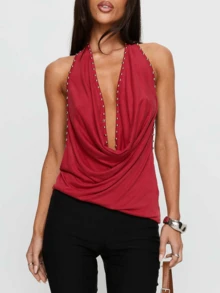 Womens Studded Halter Tank Tops Summer Fashionable Slim Fit Cowl Neck Backless Vest - Red - View 5
