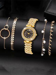 Set de 5 relojes de mujer de diseño redondo de lujo y estilo versátil de negocios - Dorado - Ver 7