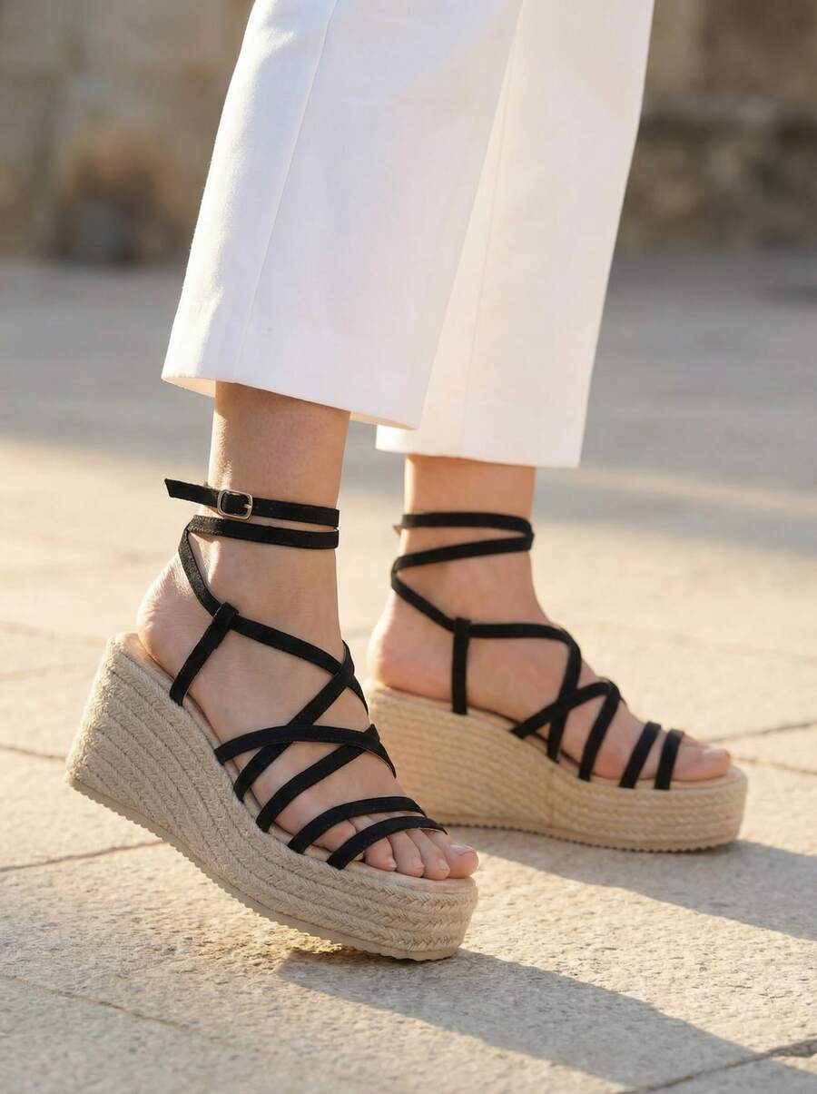 Calzado Estilo.  Sandalia alpargata cuña para Mujer, Cierre de hebilla con plataforma, suela de Esparto plataforma 5 cm, altura 11 cm, yute, estilos casuales y Bohemios, ideal para el verano, eventos casuales, Sandalias con plataforma tipo yute y tiras cruzadas, Diseño cómodo y moderno, ideal para looks veraniegos y casuales - Negro - Ver 1