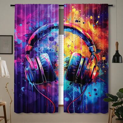 2PCS Colorful Headphone Printed Curtains, Digital Printed Curtains, Pole Pocket Design, Privacy Protection, Polyester Material, Suitable For Living Rooms, Gaming Rooms, Bedrooms, Home Decoration, Music Festival Decoration