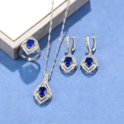 Spring New Geometric Necklace Earrings Jewelry Set, Open Ring, High-Quality Zirconia, Hypoallergenic Minimalist Versatile Commuter Jewelry, Gift For Women, Valentine's Day/Mother's Day/Birthday/Party/Wedding/Banquet/Daily Wear