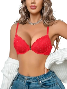 红色蕾丝前扣式聚拢文胸 - 舒适提拉，镶钻装饰，方便穿脱 - 紅色 - 查看 8