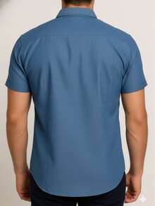 Men's Slim Fit Short Sleeve Denim Shirt, Cotton, Buttons, Premium Fit, Regular Fit - 淺藍色 - 查看 4