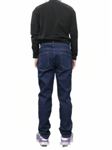 1 pieza Pantalones vaqueros elásticos Hearty Haven para hombres, pantalones casuales de corte slim y ajustado al Body de estilo coreano (sin cinturón ni accesorios) - Azul lavado oscuro - Ver 10