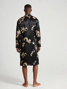 Snug League Men's Satin Long Sleeves And Golden Dragon Printed Sleepwear Robe, Suitable For All Seasons, For Fall, Winter - Black - View 3