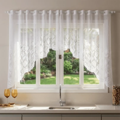Cortina Cascata de Renda Cozinha Sala Quarto - Tulipas 3,20cm x 1,10cm Branca Decoração Elegante Moderna