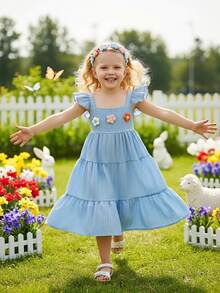 Young Girl Summer Dress, Cute Solid Color Cap Sleeve Colorful 3D Floral Elastic Waist Casual Holiday Dress - Blue - View 7