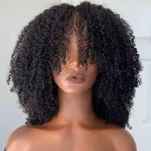 Afro Jerry Curly 3 In 1 Half Human Hair Wig With Bangs Full Machine Made Scalp Top Wig Glueless Virgin Brazilian Afro Curly Wigs For Women 250% Density Natural Color Graduation Season Hairstyles - Natural Black - View 3