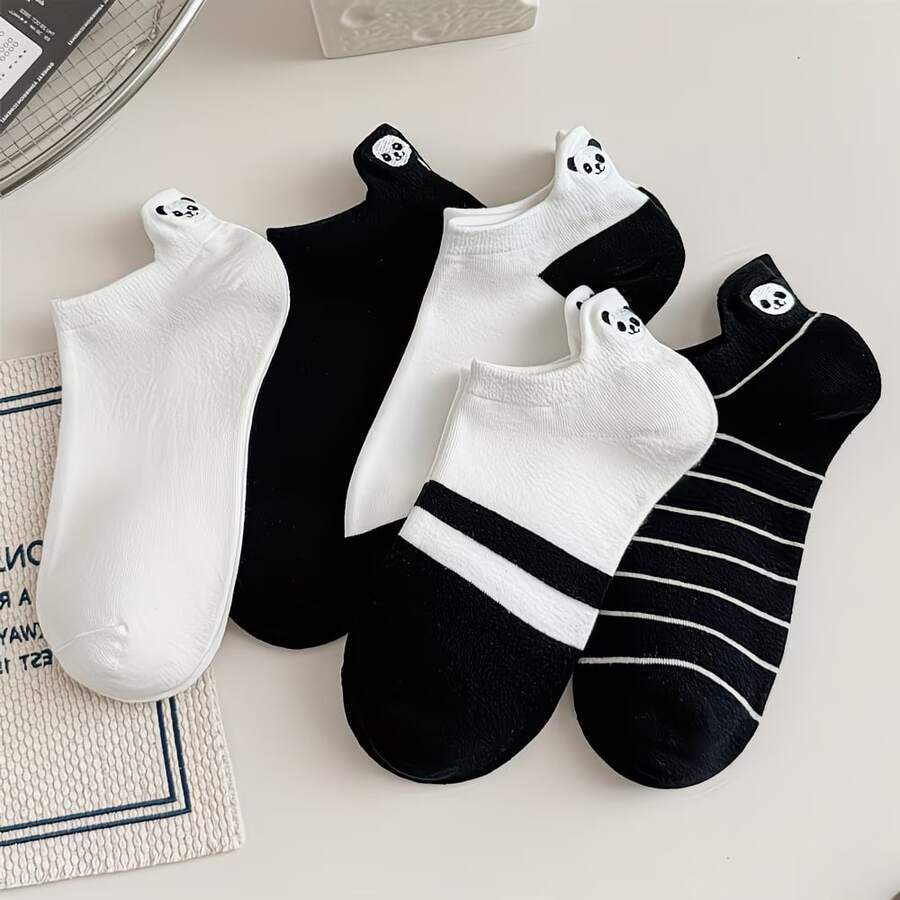 5 Pairs Panda Embroidered Socks, Odor-Resistant Moisture-Wicking Socks, Women's Shallow Boat Socks, Spring/Summer, Invisible Socks, Unisex - Multicolor - View 1