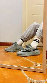 Adidas Originals Yeezy Boost 350 V2“花岗岩”灰色/黑色面料舒适百搭低帮休闲鞋，男女通用灰色/绿色 - 灰綠色 - 查看 6