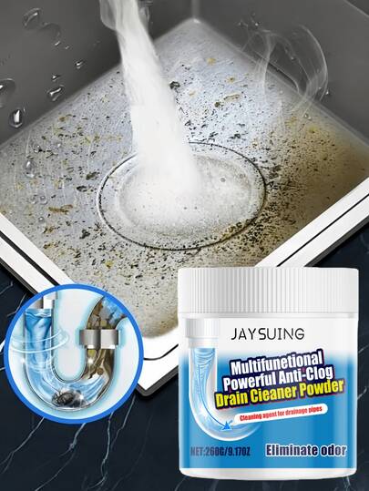 JAYSUING 管道疏通粉——有效清除厨房和浴室水槽中的油脂和毛发堵塞。遇水迅速产生丰富泡沫，深入管道，轻松疏通顽固堵塞。除臭成分有效去除管道异味，保持厨房和浴室空气清新宜人。