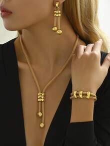 Set de 4 piezas de atuendo de fiesta de estilo minimalista retro y personalizado de moda, al estilo europeo y americano (accesorios colocados al azar) - Amarillo Oro - Ver 8