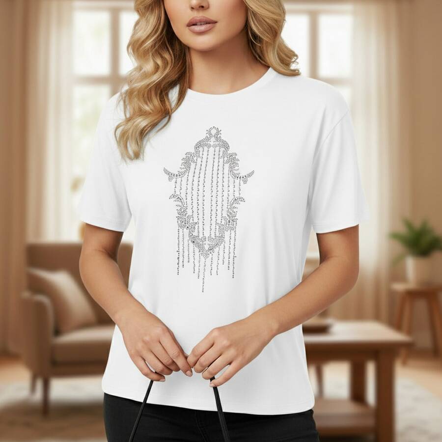 1PC Camiseta de Algodón Puro Unisex de Talla Grande para Mujer con Elegante Diseño de Adornos de Pedrería, Camiseta Negra de Manga Corta con Cuello Redondo para Uso Casual, Top de Moda Urbana para Hombres y Mujeres ¡! Camiseta estampada de manga corta, casual y elegante para mujer. - Blanco - Ver 1