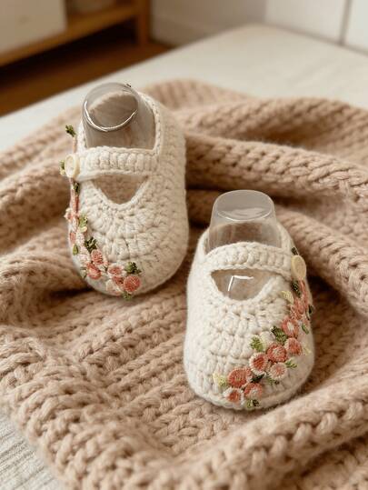 1 Pair Handmade Crochet Infant Shoes, Beige With Floral Embroidery, Mary Jane Style With Buckle Closure