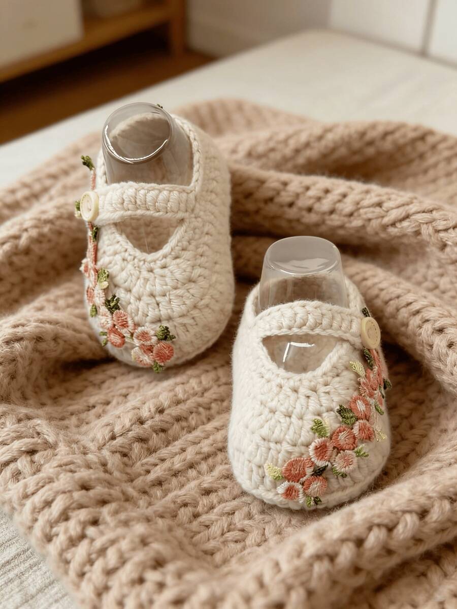 1 Pair Handmade Crochet Infant Shoes, Beige With Floral Embroidery, Mary Jane Style With Buckle Closure - Beige - View 1
