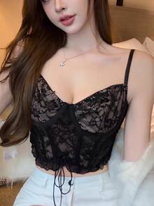 性感蕾丝镂空黑色吊带背心，夏季女款，带衬垫胸罩内衬，细肩带露脐上衣 - 黑色 - 查看 1
