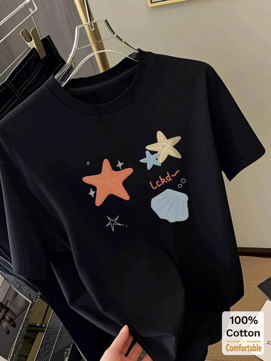 黑色星星贝壳印花短袖中长款T恤,时尚印花休闲上衣,夏季 - 黑色 - 查看 1