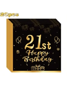 20pcs Gold Embossed "Happy Birthday 18/21/30th Anniversary" Disposable Paper Napkins, Suitable For Parties And Gatherings - Black - View 11