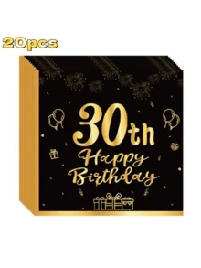 20pcs Gold Embossed "Happy Birthday 18/21/30th Anniversary" Disposable Paper Napkins, Suitable For Parties And Gatherings - Black - View 12