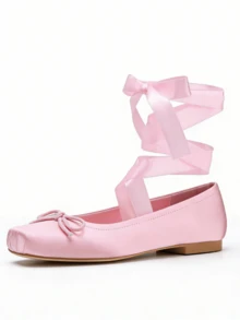 Women's Flat Ballet Shoes Suqare Toe Lace Up Shoes Ballet Flats With Bow Comfortable Lightweight Cross Straps Tabi Shoes Cute Satin Ballet Flats For Wedding Work Party Dressy Elegant Soft Shoes - 粉色 - 查看 2