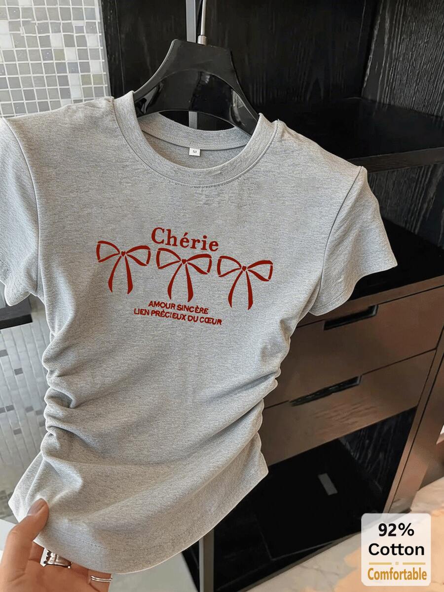 Áo thun tay ngắn dáng lửng in hình bướm, thiết kế dây rút, kiểu dáng tôn dáng, thời trang và thoải mái cho kỳ nghỉ hè. - Xám - Xem 1