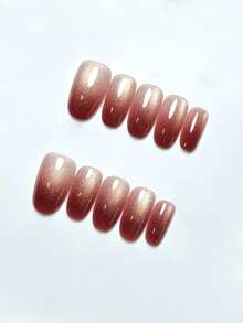 10pcs Pure Handmade Press On Nails Medium Nails Oval Nails Burgundy Nails Retro Elegant Wine Red Gradient Cat-Eye Glitter Simple Gentle Press-On Nails For Women And Girl,Spring Summer Fall Winter Festivals Party And Daily Life Use - Burgundy - View 2