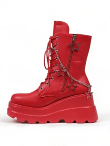 Platform Ankle Boots For Womem Round Toe Chunky Heel Lace Up Boots With Side Zipper Stars Decorated Wedge Booties Punk Goth Motorcycle Boots - Red - View 3