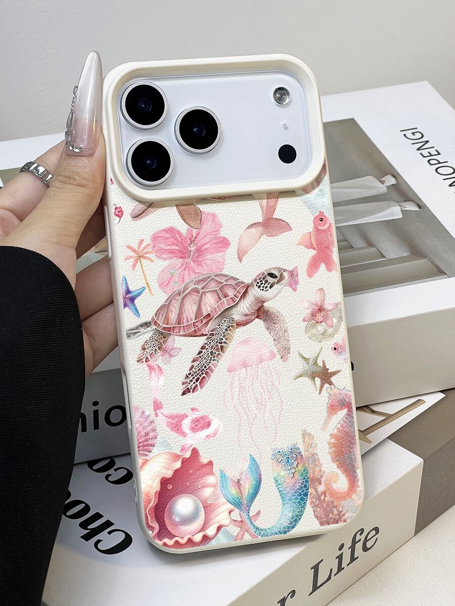 1 pieza Funda de teléfono suave, impermeable y a prueba de golpes con textura de litchi y patrón de elementos marinos como tortuga rosa refrescante, medusa y delfín, adecuada como regalo de cumpleaños/festividad para amigos, familia y parejas, compatible con modelos de Apple// - Multicolor - Ver 1