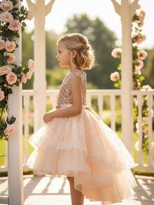 青少年女孩无袖亮片网眼大下摆拖尾公主派对礼服，青少年伴娘婚礼正式礼服 - 金色 - 查看 7