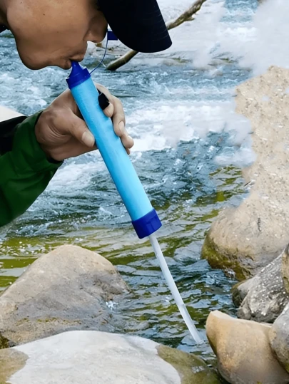Portable Outdoor Water Purifier, 4-Stage Filtration System, Emergency Survival Water Purifier, Unisex, Straw-Style Water Filter, Suitable For Camping, Hiking, Wilderness Trekking, Backpacking, Camping Essential, Travel Necessity, Accessories, Camping Vehicle Essential Tool