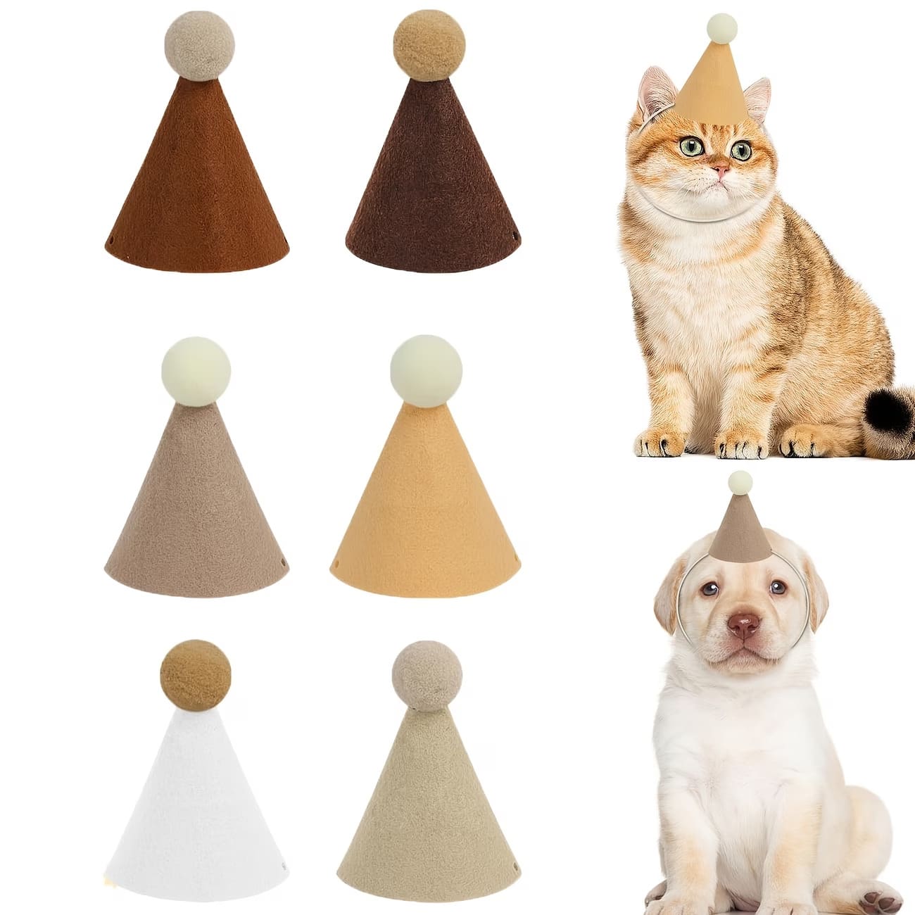 6pcs Mini Pet Party Hats, Brown With Ball Decor, Designed For Cats And Other Small Animals, Suitable For Birthday Celebrations, Party Costumes And Bohemian Style Decor Scenes - Multicolor - View 1