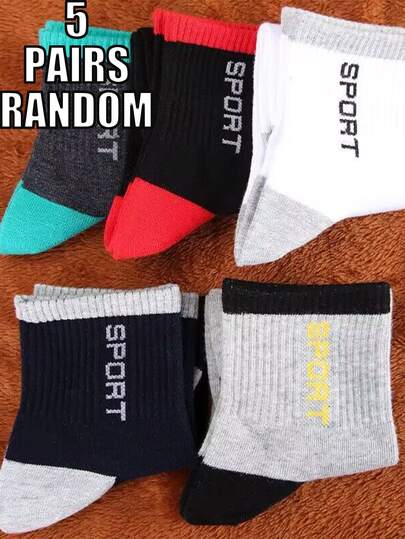 5 Pairs Random Sport Symbol Socks, Comfortable Breathable Antibacterial Odor-Resistant