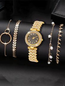Set de 5 relojes de mujer de diseño redondo de lujo y estilo versátil de negocios - Dorado - Ver 8