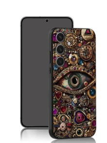 1pc Fashionable Gemstone Eye Phone Case Protective Cover, Black TPU Soft Shell, Scratch & Drop Resistant, Compatible With Huawei Honor, Galaxy A/S Series, 6A/7A/8A, 12T/13T/14T - Black - View 2