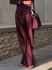Women Satin Silk Wide Leg Pants Casual Elastic High Waist Solid Color Loose Fit Lounge Pants Office Ladies Work Trousers Daily Sleep Pants Y2K Streetwear - Rỉ Nâu - Xem 5