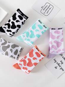 5 Pairs Random Cow Print Mid-Calf Socks, Fashionable Skin-Friendly And Comfortable - Multicolor - View 2