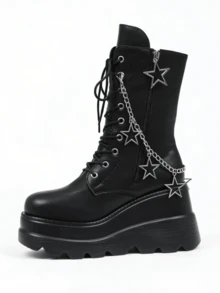 Platform Ankle Boots For Womem Round Toe Chunky Heel Lace Up Boots With Side Zipper Stars Decorated Wedge Booties Punk Goth Motorcycle Boots - 黑色 - 查看 7