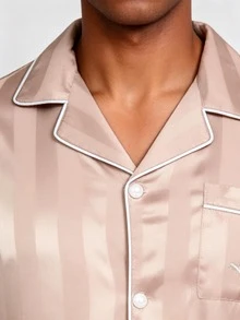 Snug League 男士缎面睡衣套装，长裤丝绸睡袍，纽扣式长袖条纹字母刺绣上衣和裤子，家居服，适合春秋季居家休闲穿着，秋冬季服装 - 香檳色 - 查看 5