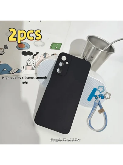 2pcs [1 Phone Case + 1 Phone Lanyard] Black Shockproof Phone Case, Compatible With Pixel 7 Pro/Pixel 8/10 PRO 5G/10 PRO XL 5G/Pixel 8 Pro And Other Models. Phone Case, Shockproof Phone Case, Minimalist Phone Case, Solid Color Phone Case, TPU Shockproof Phone Case, Handwoven Phone Lanyard With Detachable Keychain, Universal Clip Phone Chain Suitable For Phone Cases