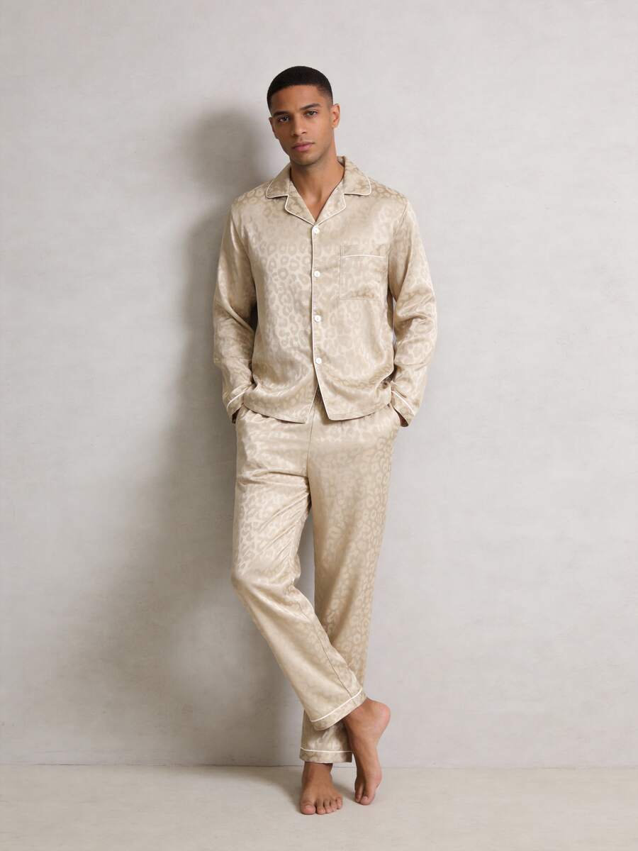 Snug League Men's Satin Pajama Set Long Pants Silk Button Style Long Sleeved Top & Pants Spring And Autumn Jacquard Leopard Print Comfortable And Soft Two Pieces Sets Loungewear, Fall Winter Clothes - Champagne - View 1