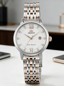 Orient Elegante Damenuhr mit zweifarbigem Roségold- und Silbergehäuse, mit Kristallen besetzt, klassisches weißes Zifferblatt mit römischen Ziffern, Quarz-Analoguhr mit Datumsanzeige, Edelstahlarmband für formelle, geschäftliche und Hochzeitsanlässe - Weiss - Übersicht 2