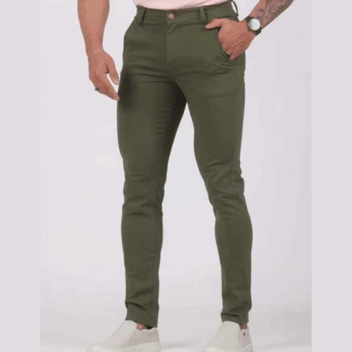 Men's Twill Pants With Elastane, Men's Elastane Pants, Smart Casual Pants With Welt Pockets, Elegant Tailored Pants, All Skinny, Formal And Evening, Photoshoot, Daily, Night, Going Out, Father's Day, MEN'S - 綠色 - 查看 1